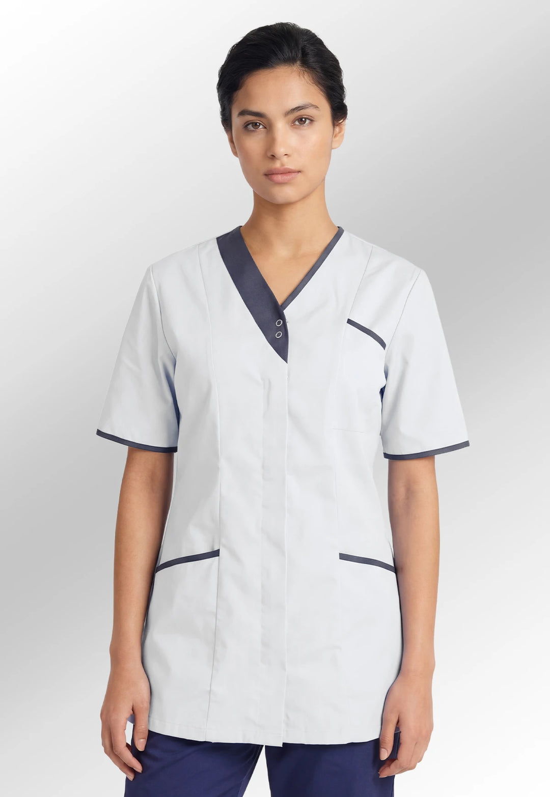 Women's Asymmetric Healthcare Tunic White / Navy Trim - The Work Uniform Company
