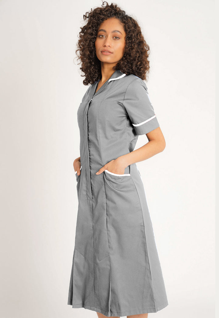 Model Wearing Nurse Dress NCLD-GWT in Grey/White Trim