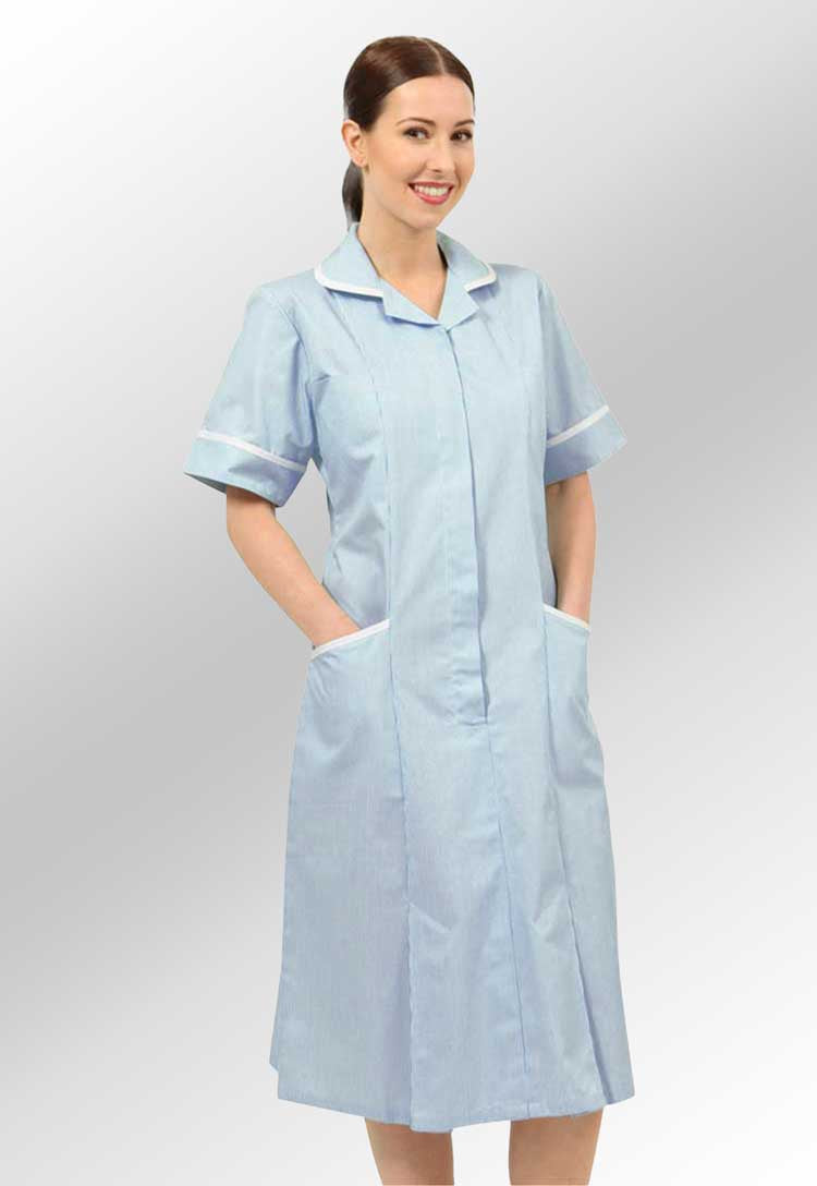 Model Wearing Nurse Dress NCLD-BWSWT in Blue White Striped