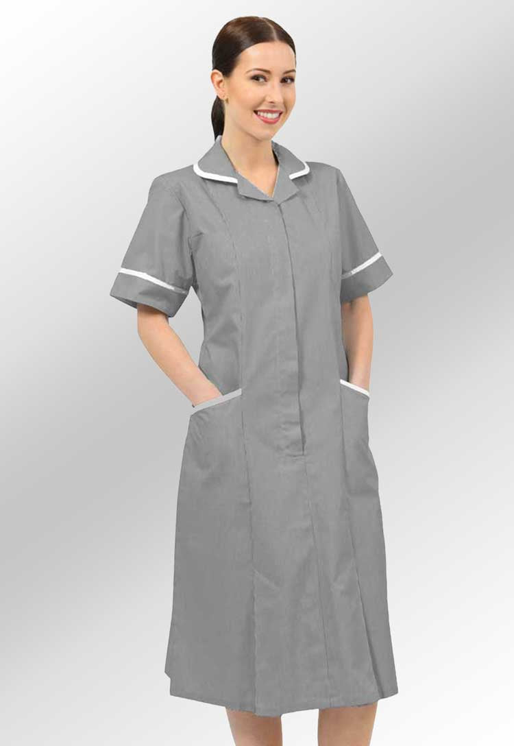 Model Wearing Nurse Dress NCLD-GSWT in Grey White Stripe/White Trim