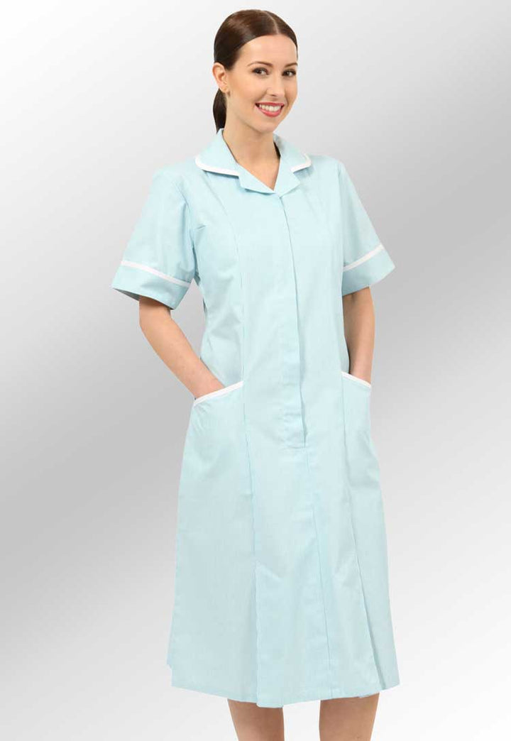 Model Wearing Nurse Dress NCLD-GWSWT in Green White Striped