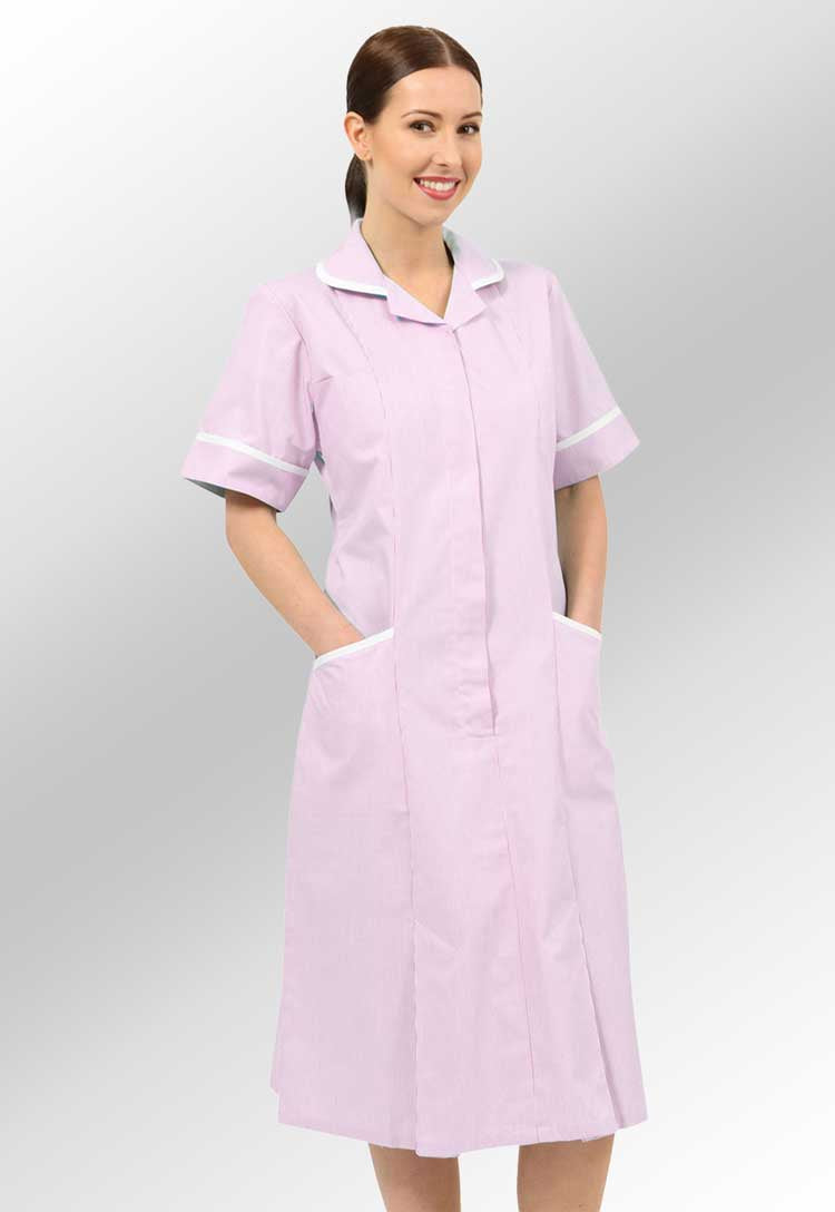 Model Wearing Nurse Dress NCLD-PWSWT in Pink White Stripe/White Trim