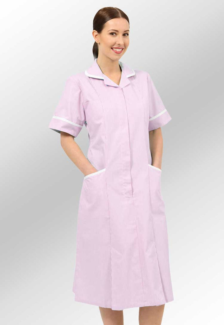 Model Wearing Nurse Dress NCLD-PWSWT in Pink White Stripe/White Trim