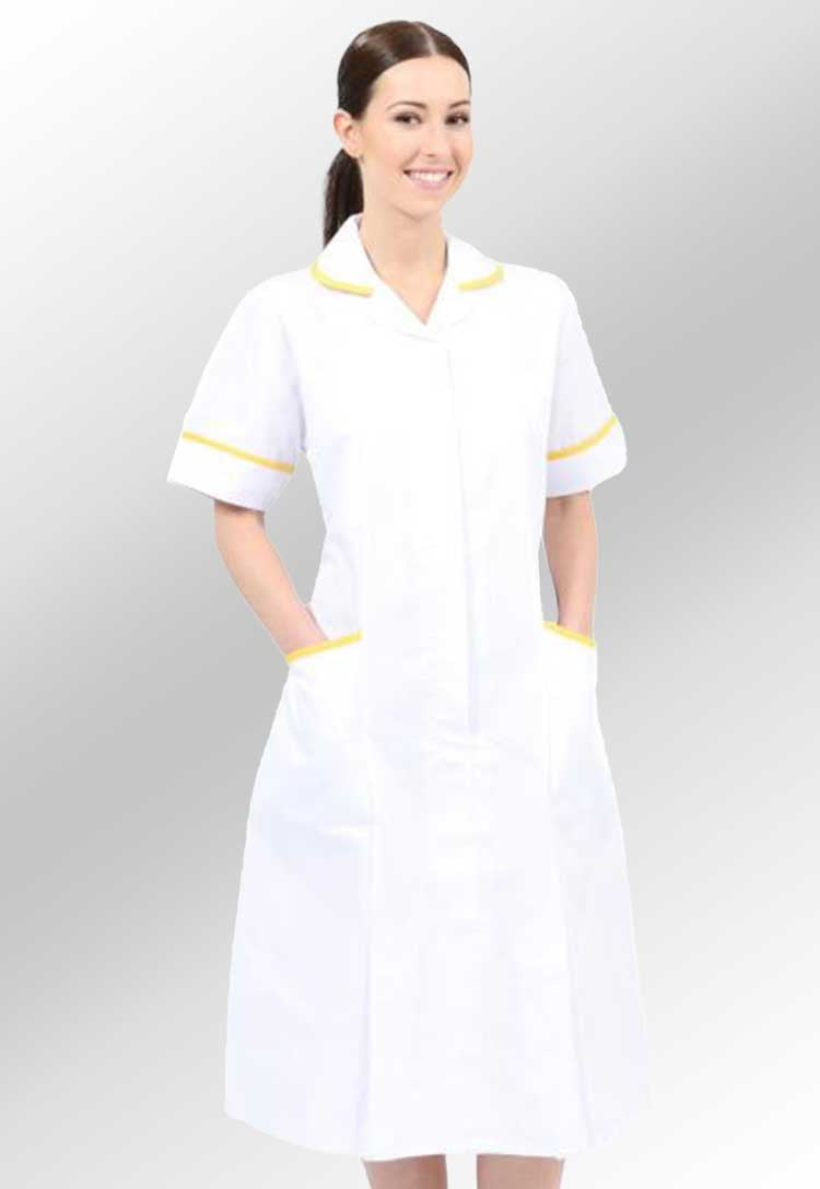 Model Wearing White Nurse Dress NCLD-WYT in White/Yellow Trim