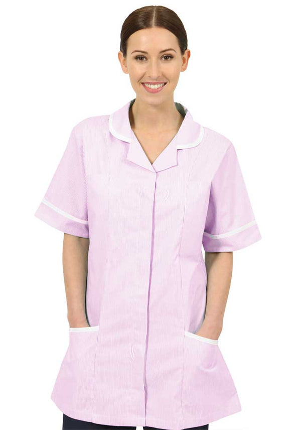 Women's Healthcare Striped Nurses Tunic NCLTPS Pink White Stripe White Trim