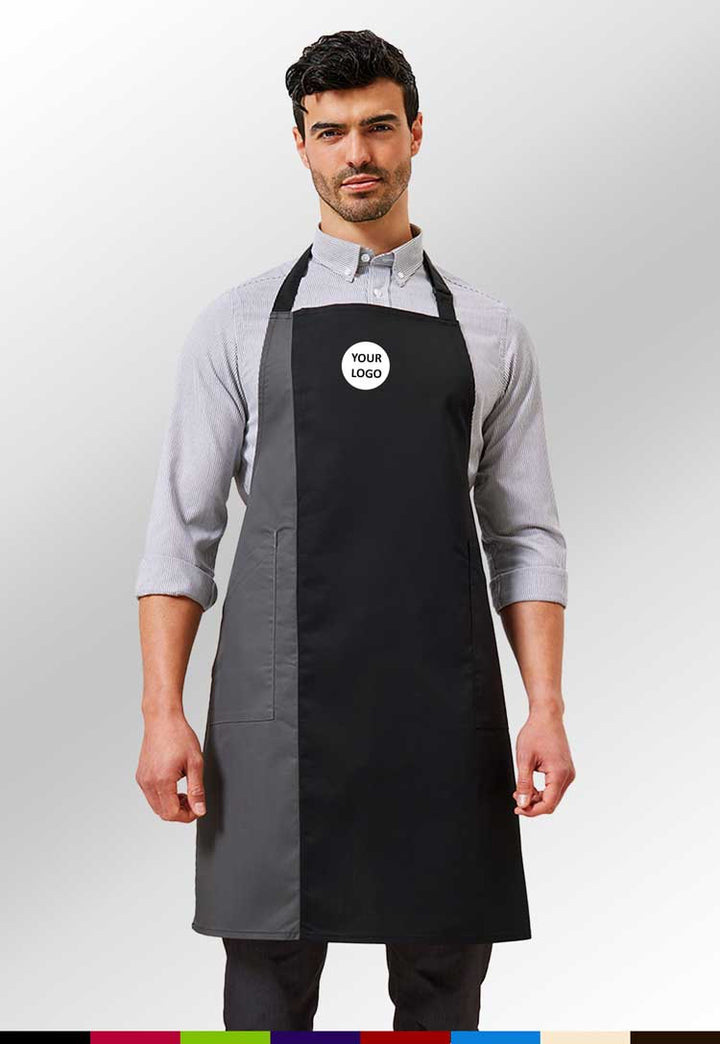 Model Wearing Contrast Bib Apron PR162 in Black/Dark Grey with Free Logo Embroidery (Bundle of 8)