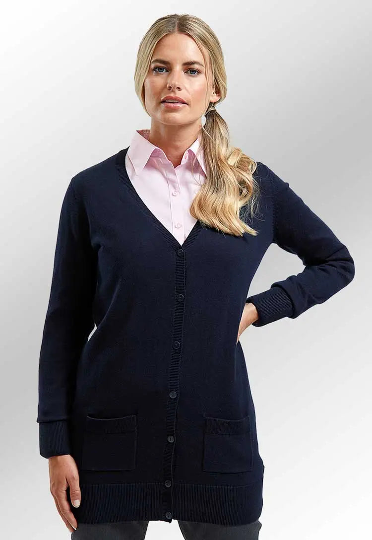 Model Wearing Women's Longline Knitted Cardigan PR698 in Navy