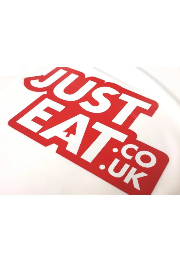 Red 'Just Eat' logo on a white background. Rapitran heat sealed.