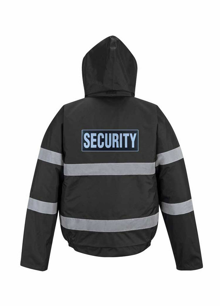 The back of a S434 Iona Lite Reflective Bomber Jacket with Security Branding in Black