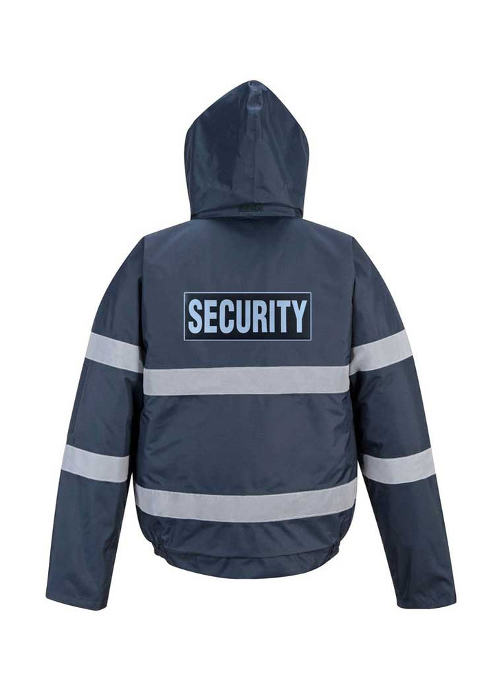 The back of a S434 Iona Lite Reflective Bomber Jacket with Security Branding in Navy