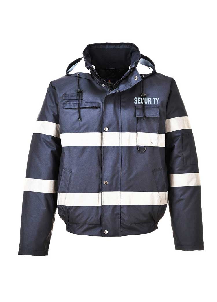 The front of a S434 Iona Lite Reflective Bomber Jacket with Security Branding in Navy