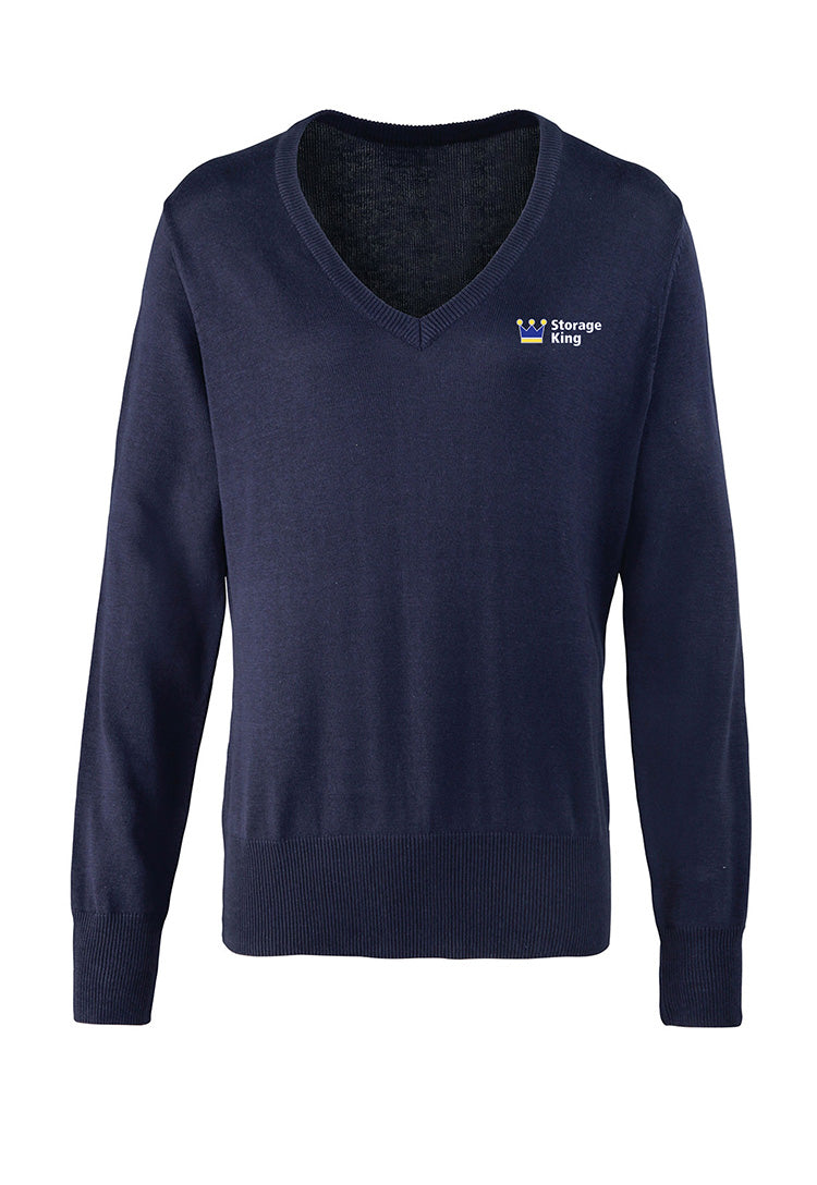 Women's V Neck Knitted Sweater PR696 in Navy with Storage King Logo