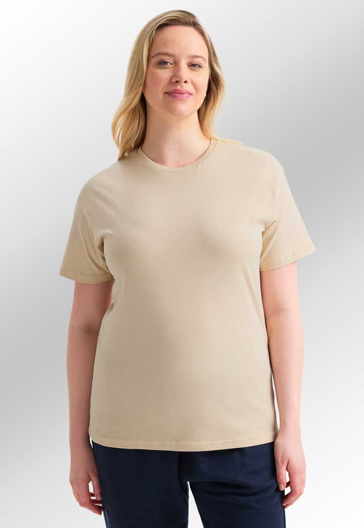 model wearing Classic T-Shirt in beige