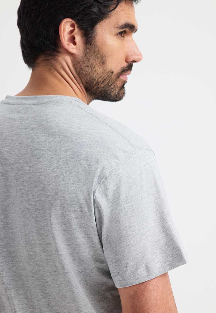 close up back view of model wearing Classic V Neck T-Shirt  in heather grey