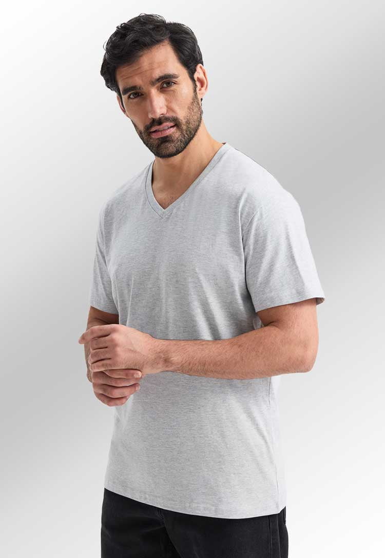 model wearing Classic V Neck T-Shirt  in heather grey