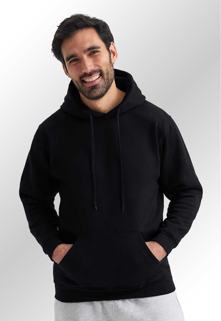 Model wearing UC501 Heavyweight Hooded Sweatshirt in Black