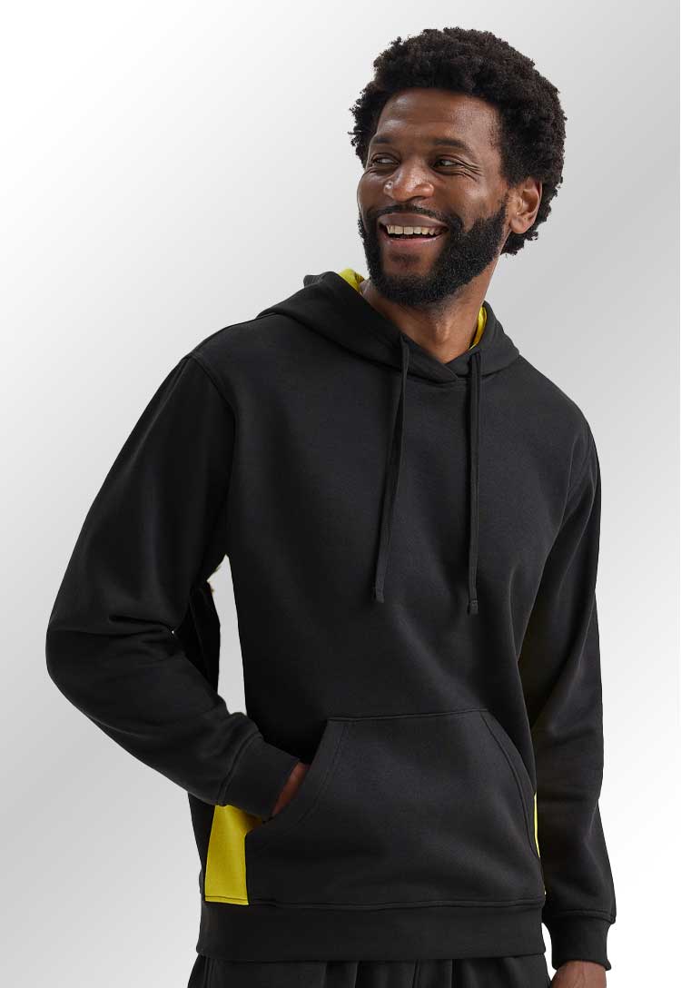 Model wearing UC517 Two Tone Hooded Sweatshirt in Black/Yellow