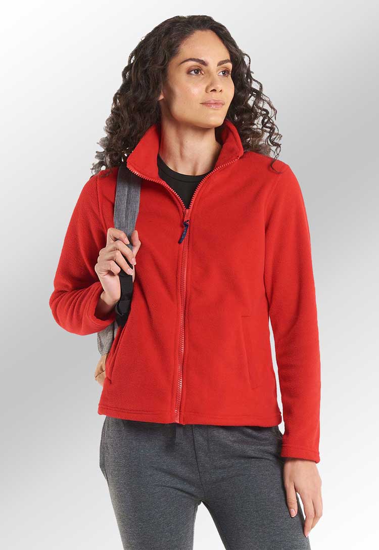 Model Wearing Ladies Classic Full Zip Fleece Jacket UC608 in Red