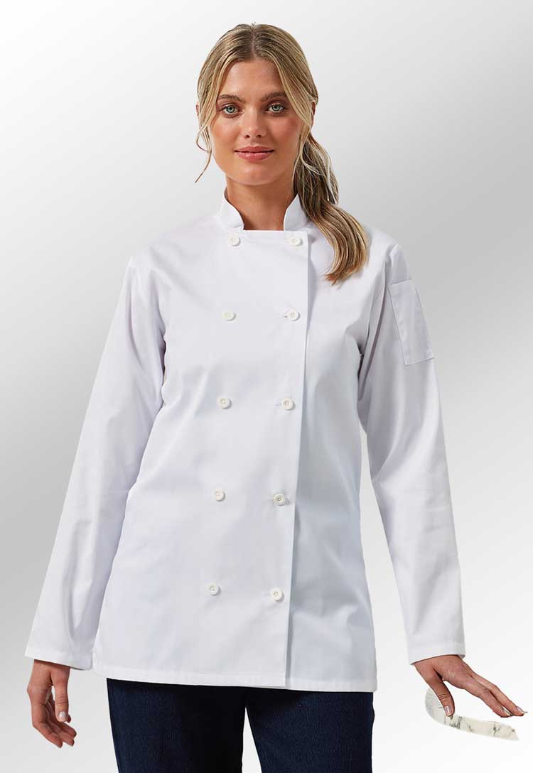 Model Wearing Women's Long Sleeve Chef's Jacket PR671 in White