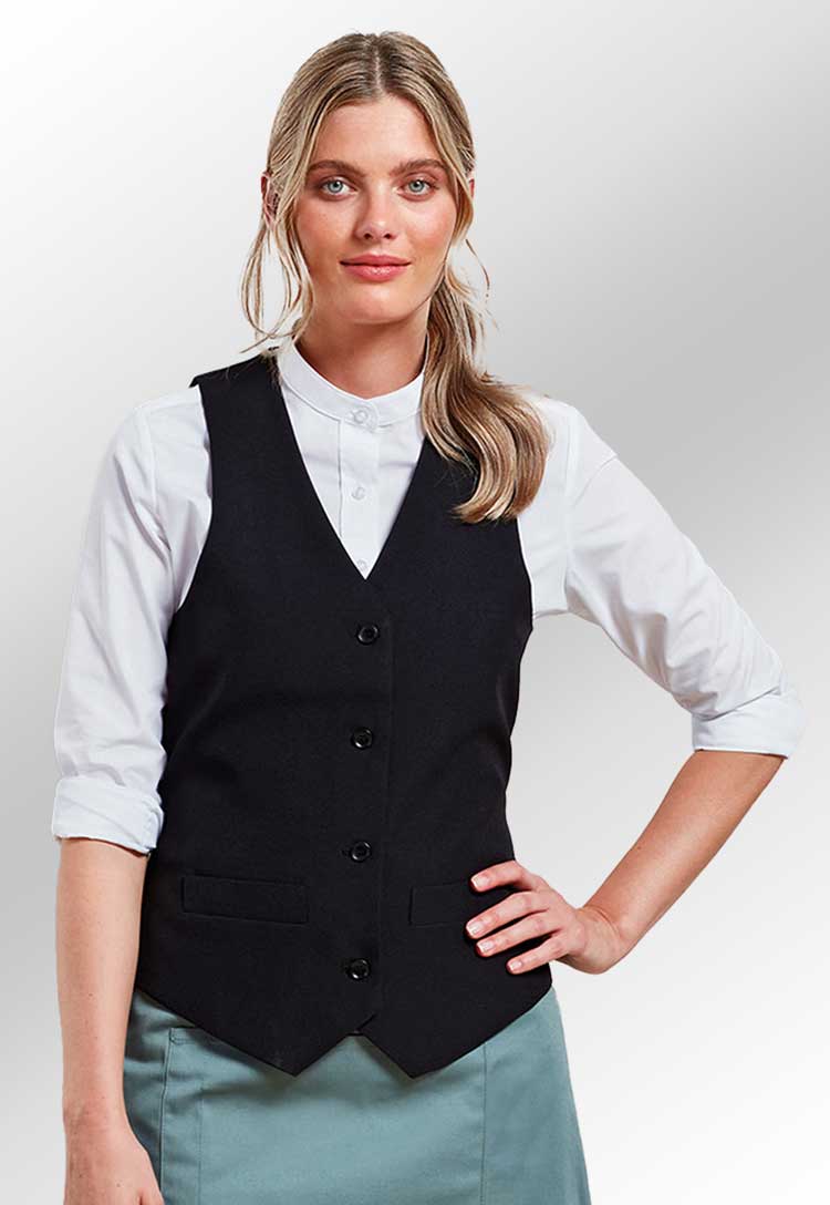 Model Wearing Women's Lined Polyester Waistcoat PR623 in Black