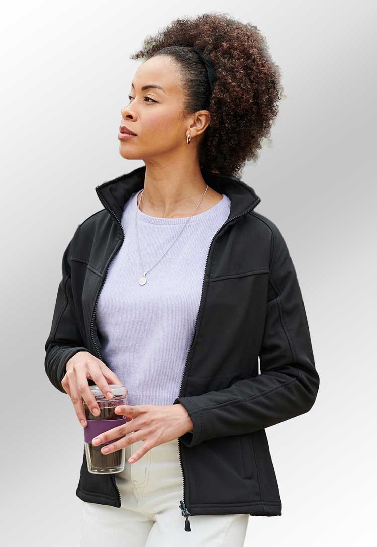 Model Wearing Regatta Women's Uproar Softshell Jacket RG151 in Black