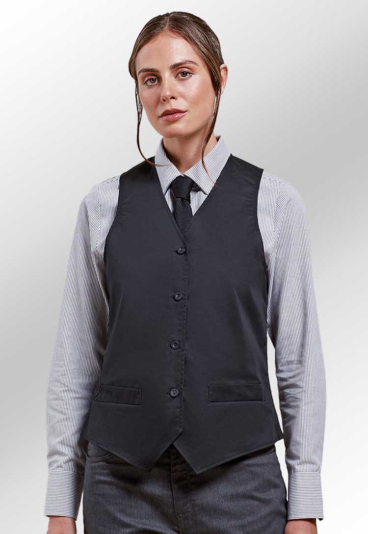 Model Wearing Women's Hospitality Waistcoat PR621 in Black