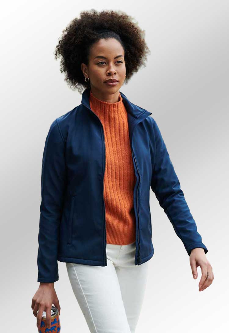 Model Wearing Women's Ablaze Printable Softshell SN131 in Navy