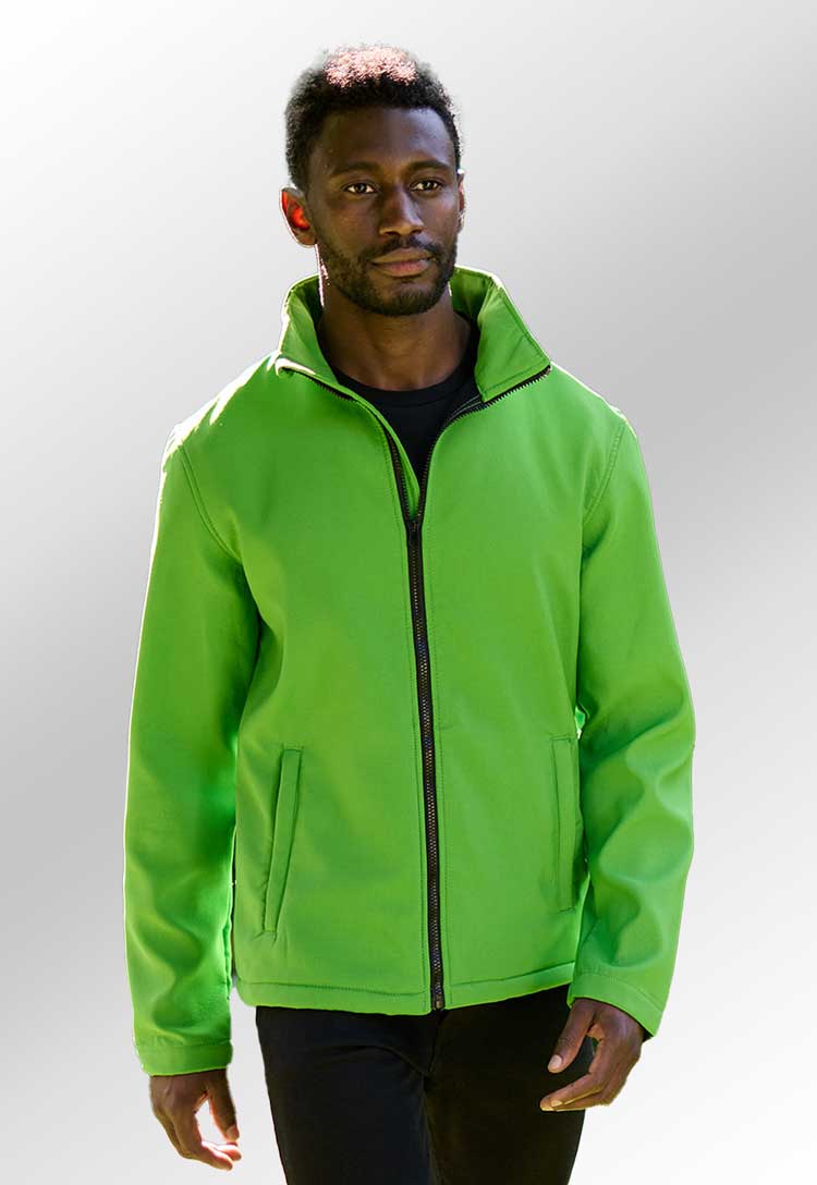 Model Wearing Ablaze Printable Softshell SN130 in Extreme Green/Black