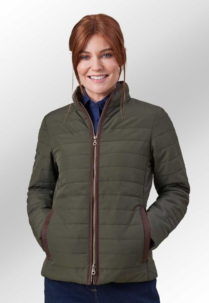 Model Wearing Alma Ladies Quilted Jacket 2376 in Olive 