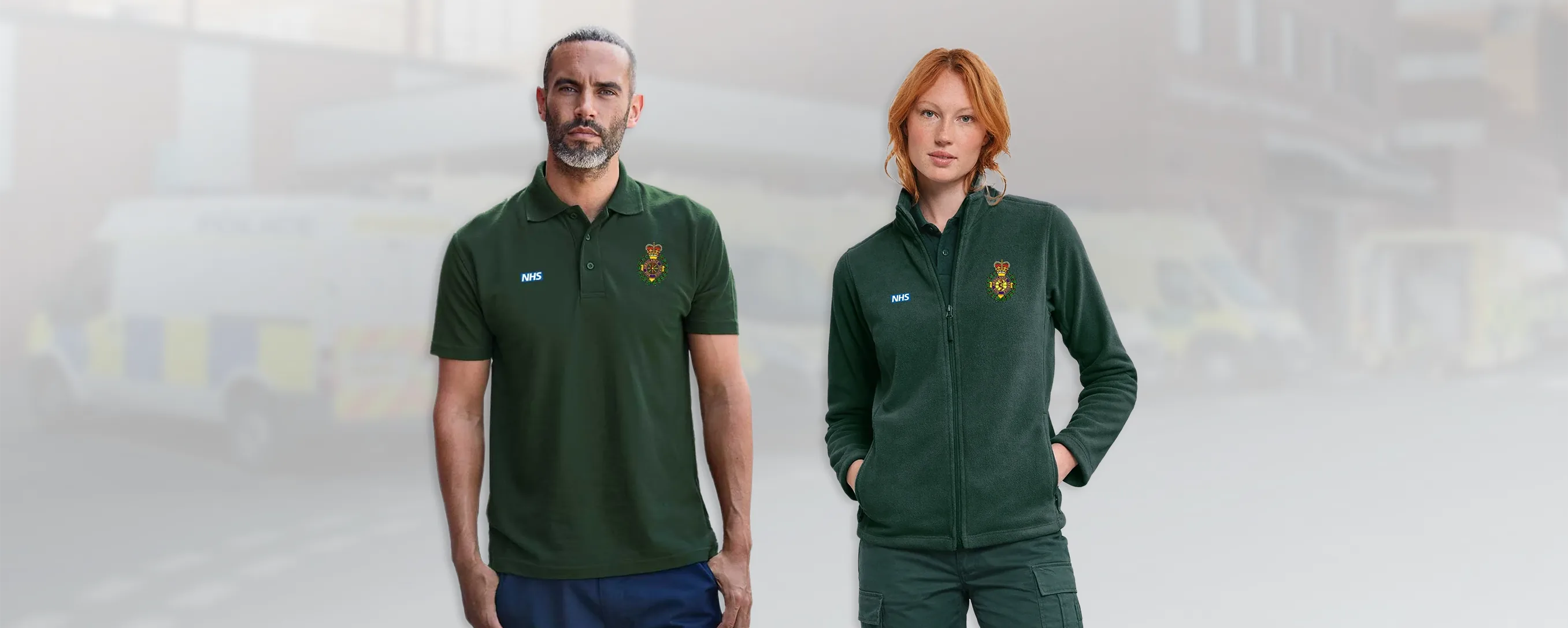 Two models wearing NHS approved ambulance uniforms