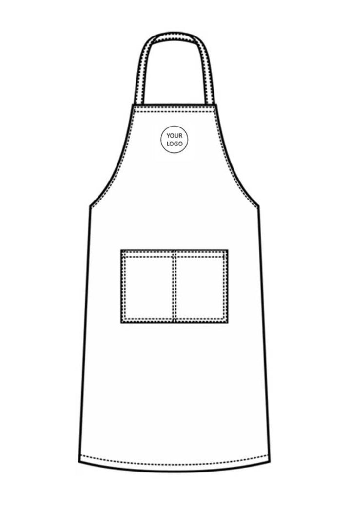 Black and white apron template with a pocket and 'Your Logo' placeholder on a white background