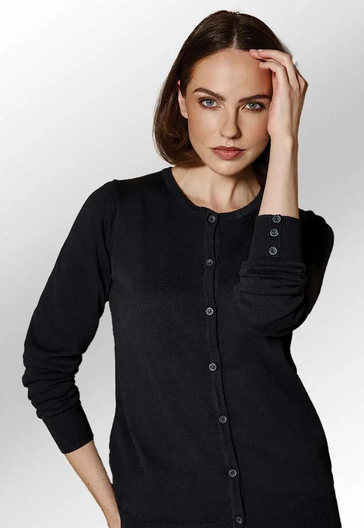 Model Wearing Women's Arundel Crew Neck Cardigan KK355 in Black