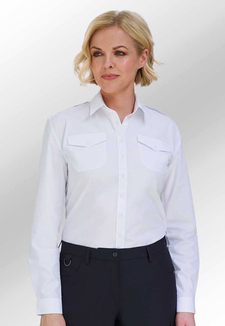 Model Wearing Athena Ladies Long Sleeve Pilot Shirt 2394 in White