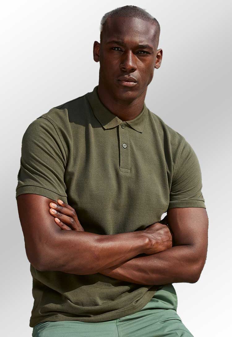 model wearing BA260 polo in khaki