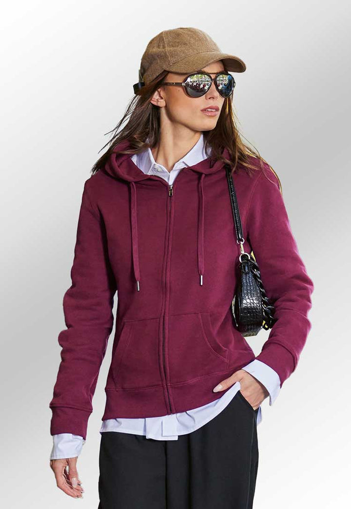 model wearing B&C Queen Zipped Hooded Sweatshirt B012F