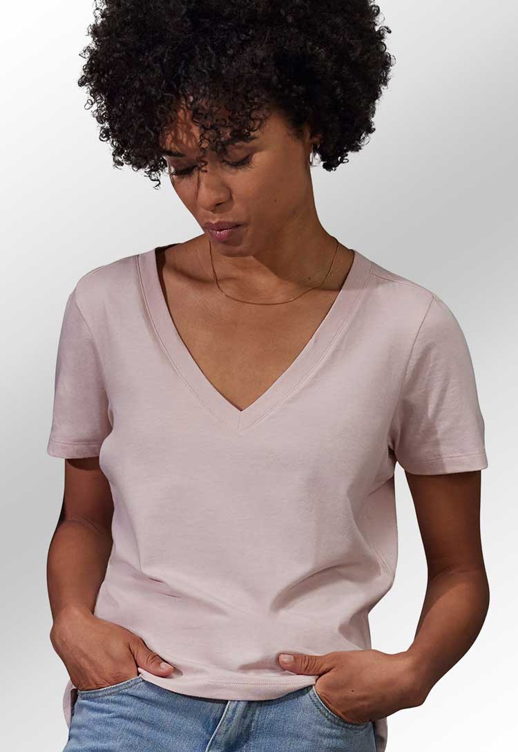 model wearing B&C #E150 V Neck Women's Tee B123F