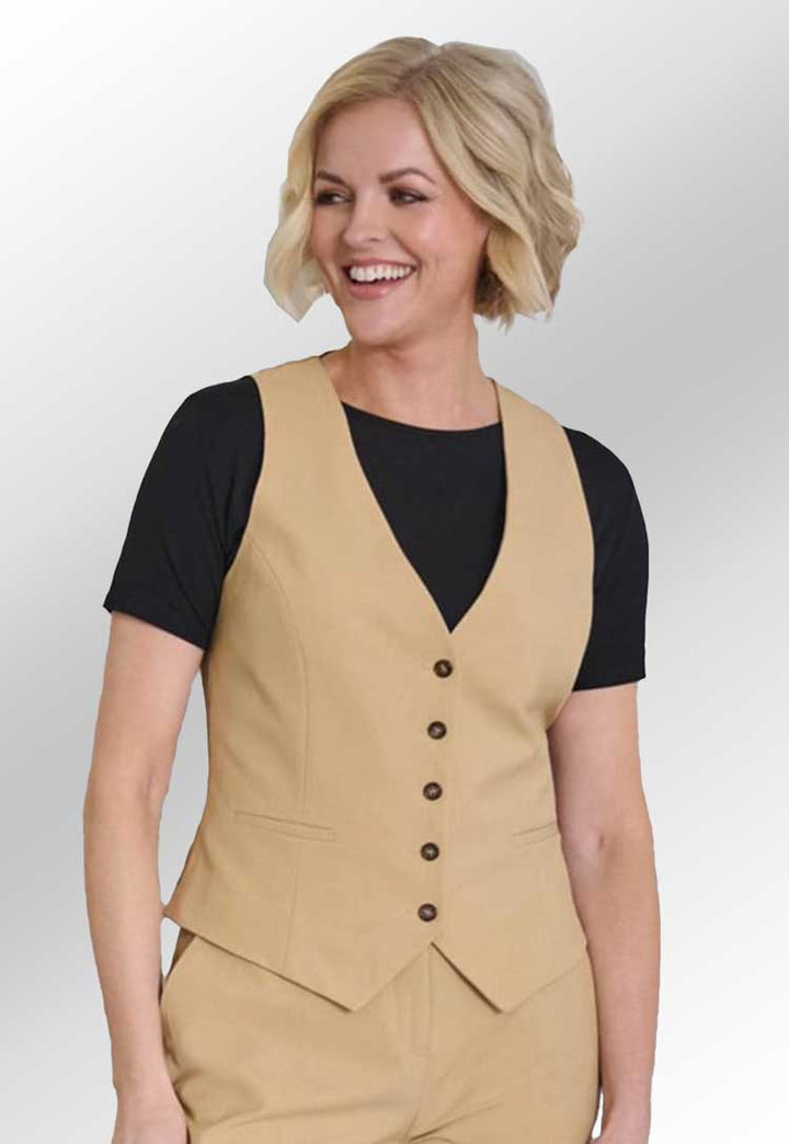 Model Wearing Beatrice Ladies Waistcoat 2391 in Sand