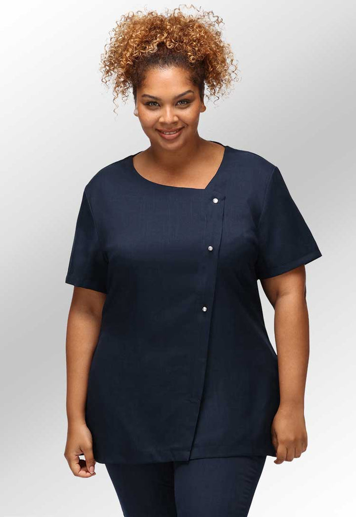 Model Wearing Beau Crystal Button Fastening Tunic in Navy