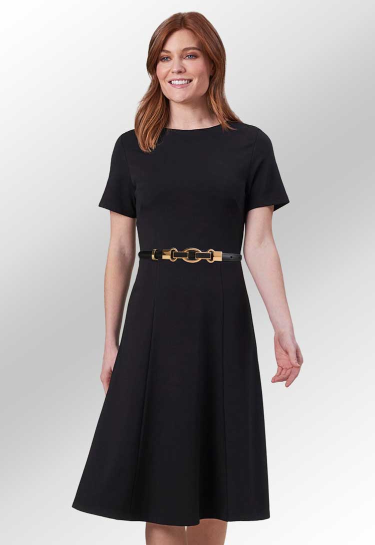 Belinda Dress worn by model and accessorised with a belt