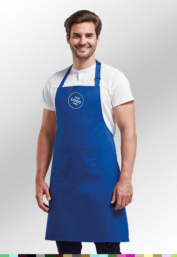 Model Wearing Bib Apron with Pocket PR154 in Royal with Free Logo Embroidery (Bundle of 8)