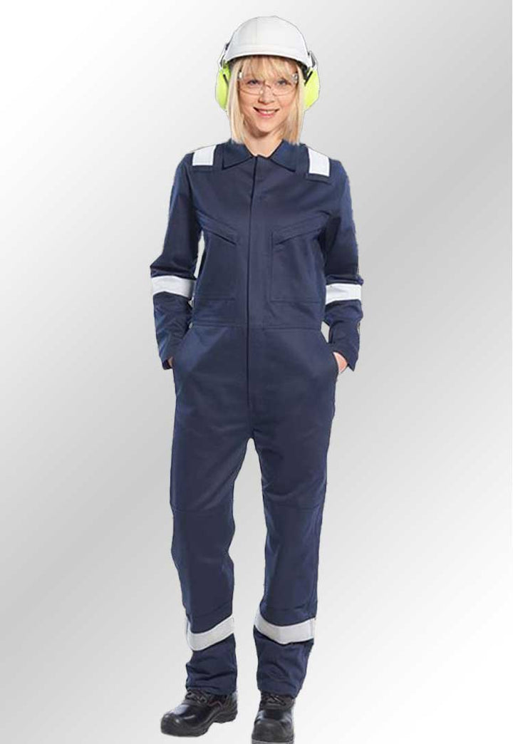 Model Wearing Bizflame Plus Ladies Coverall 350g FR51 in Navy