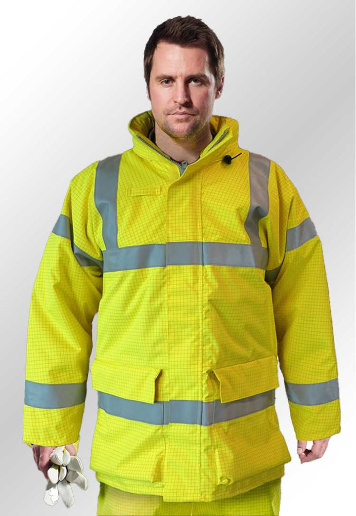 Model Wearing Bizflame Rain Hi Vis Antistatic FR Jacket S778 in Yellow