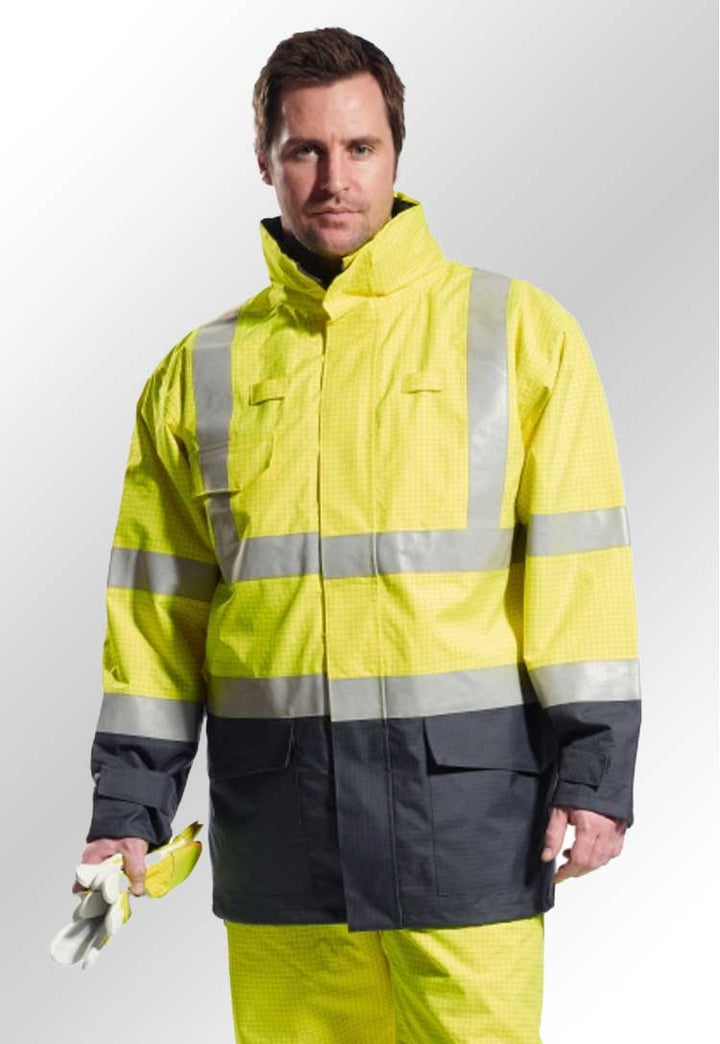 Model Wearing Bizflame Rain Hi Vis Multi Protection Jacket S779 in Yellow/Navy