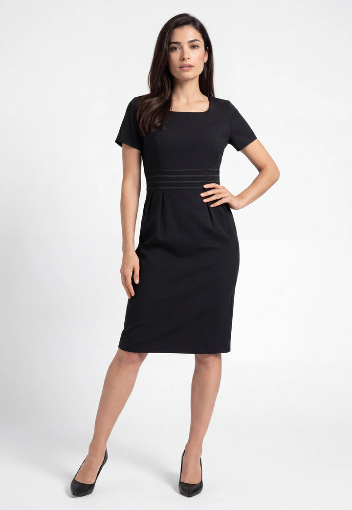 Black Satin Stripe Funeral Dress - The Work Uniform Company