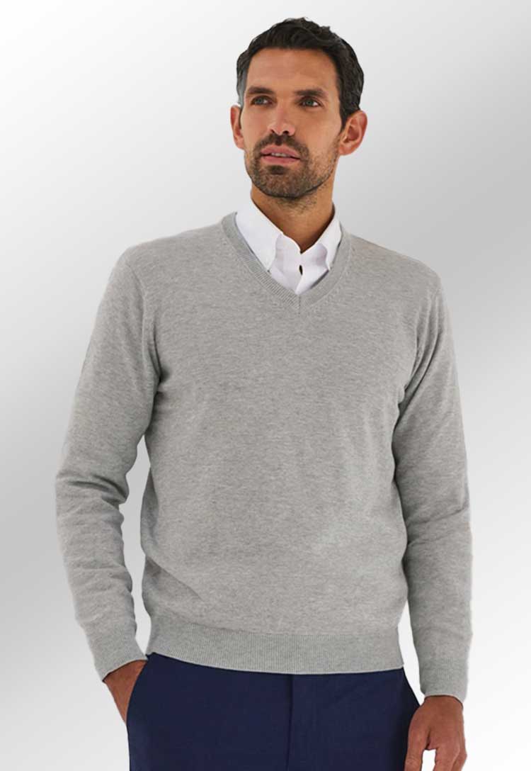 Model Wearing Boston V-Neck Jumper 7818 in Silver