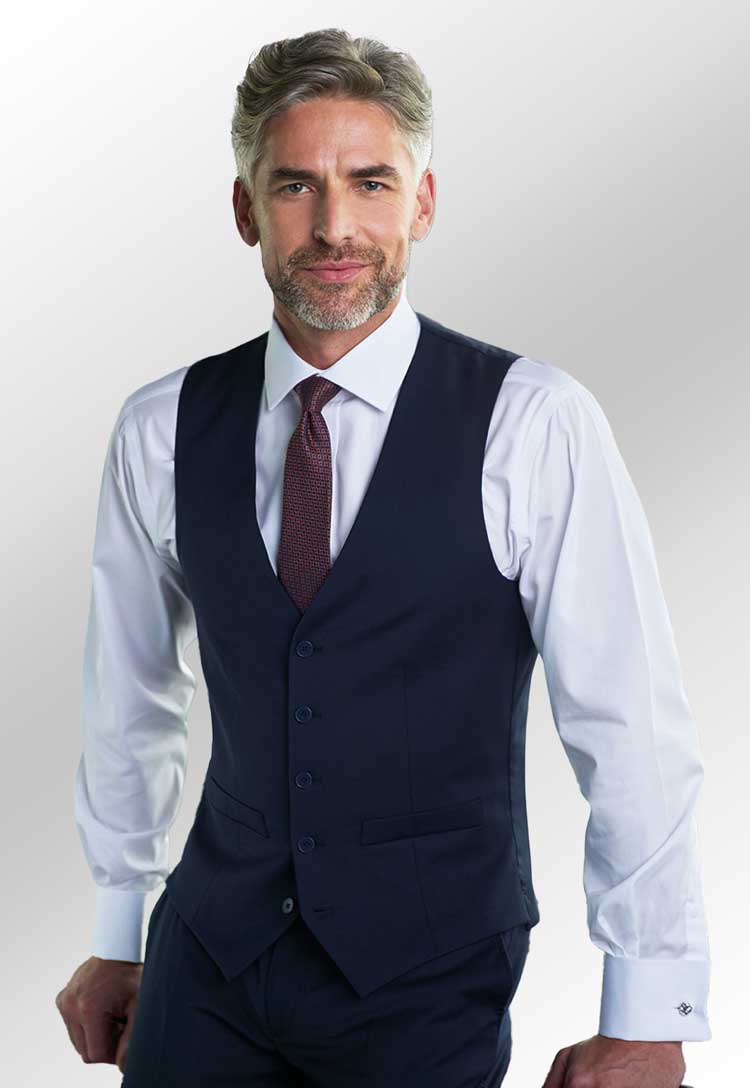 Model Wearing Busso Men's Waistcoat 1074 in Navy