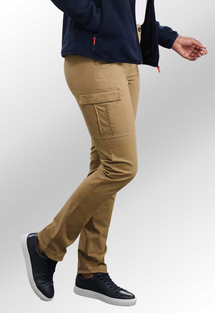 Model wearing Carmel Chino Cargo in tan