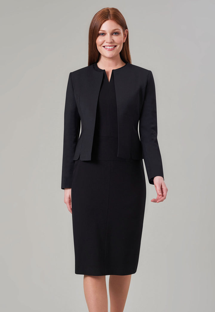 Model Wearing Celeste Jersey Stretch Dress 2365 in Black Paired With a Tailored Jacket