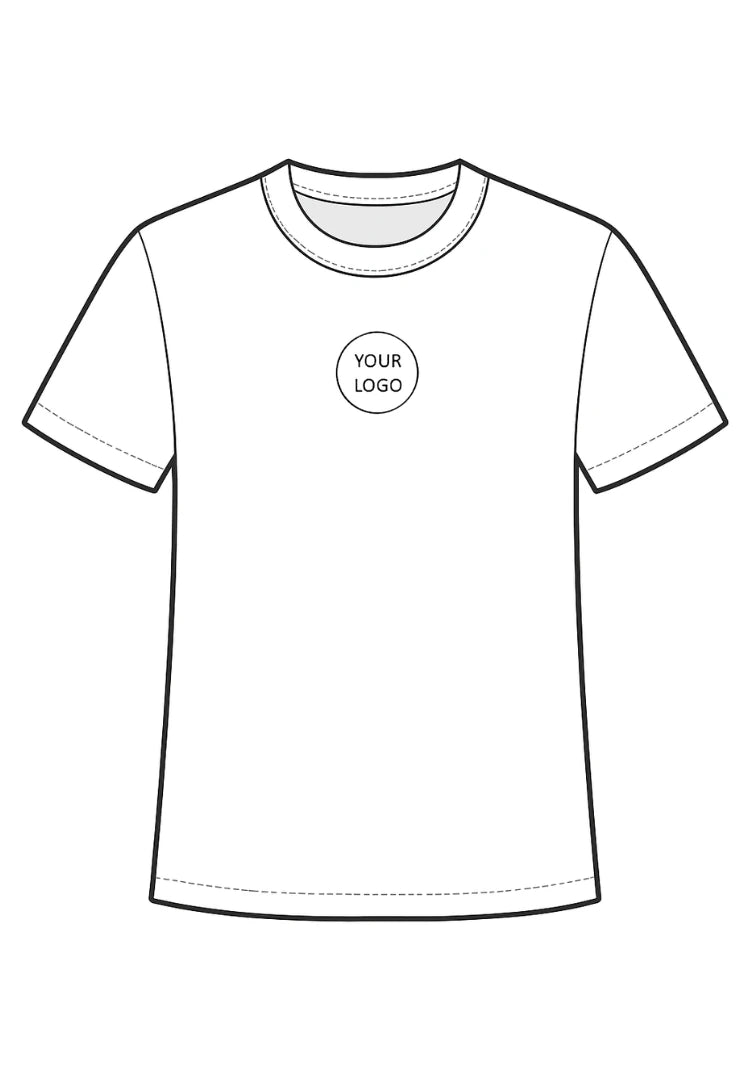 White t-shirt with a placeholder for 'YOUR LOGO' on a white background