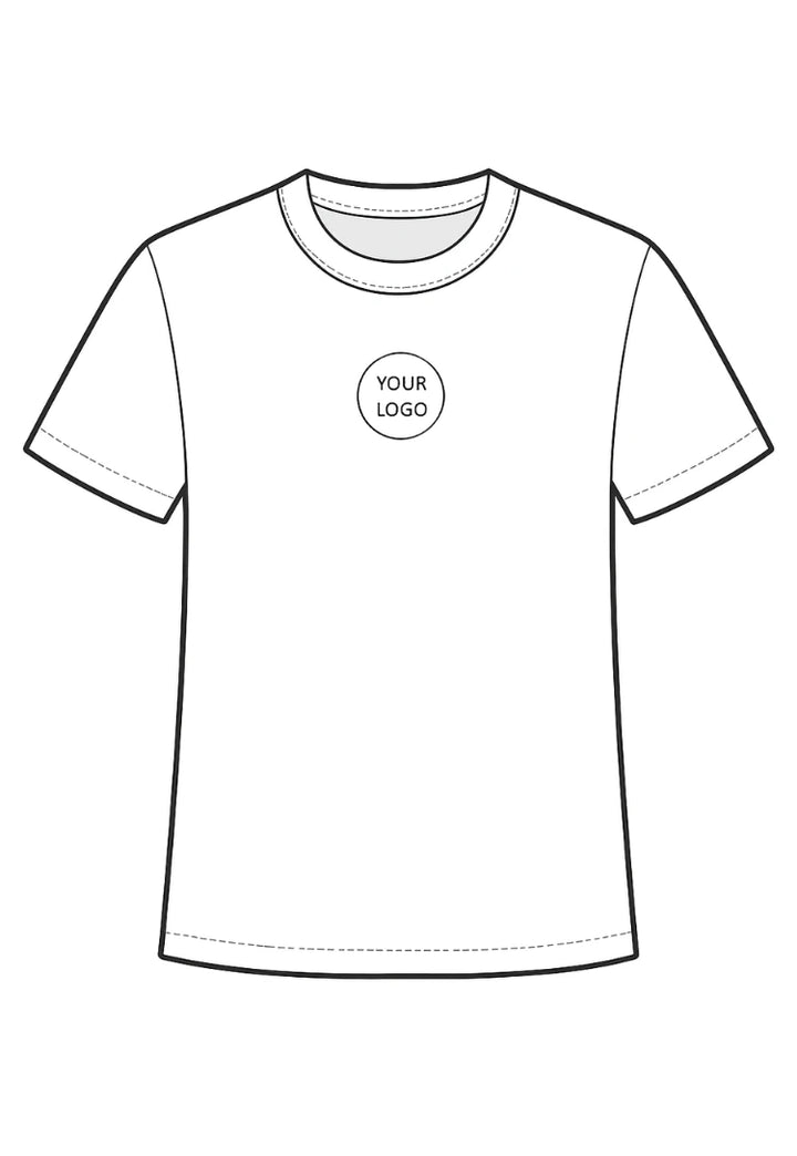 White t-shirt with a placeholder for 'YOUR LOGO' on a white background